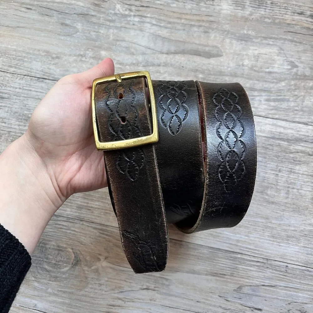 Vintage Leather Belt Deer Motif Tooled Western Dark Brown Size 44 Brass Buckle